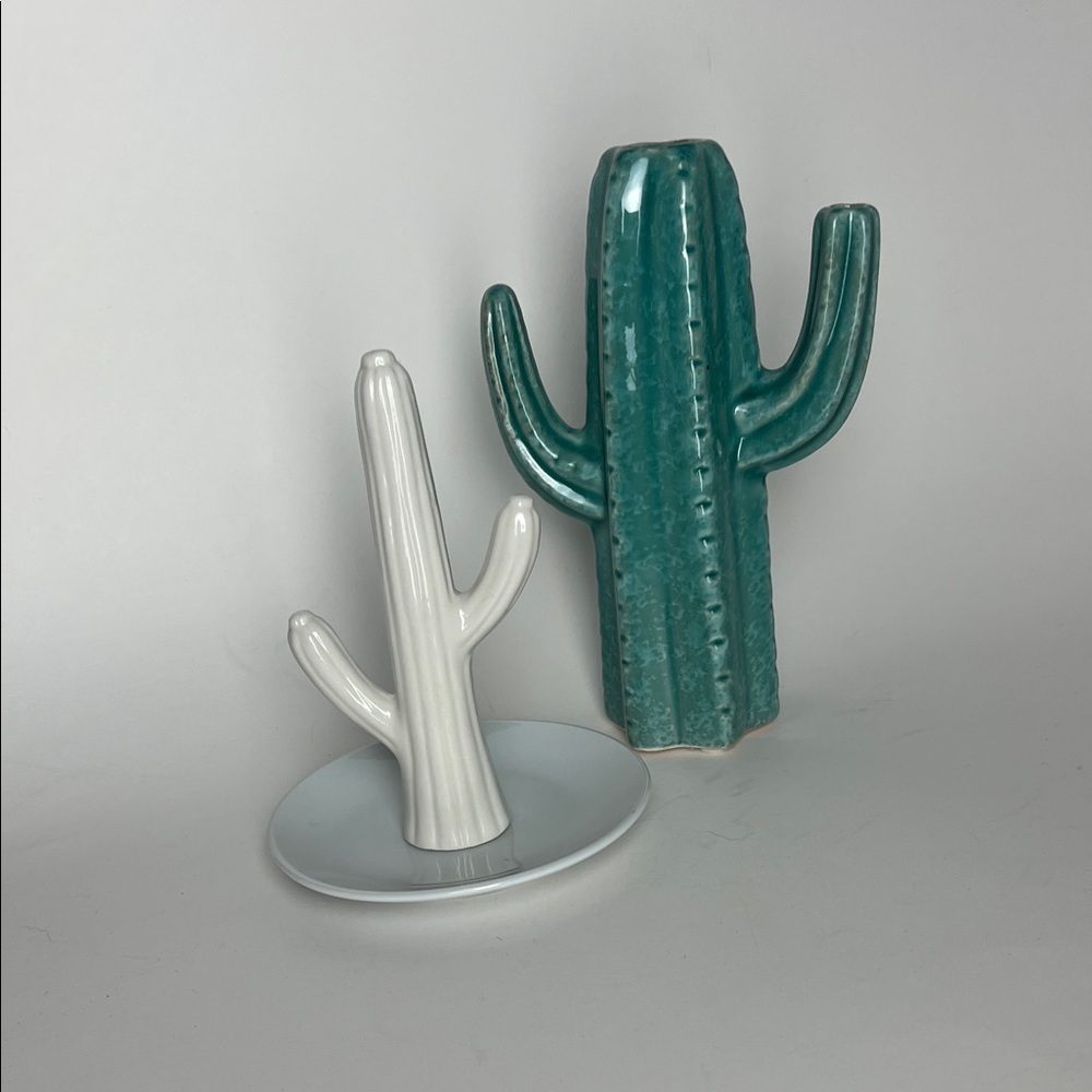 Ceramic Cactus Decor Set in Teal Green and White
